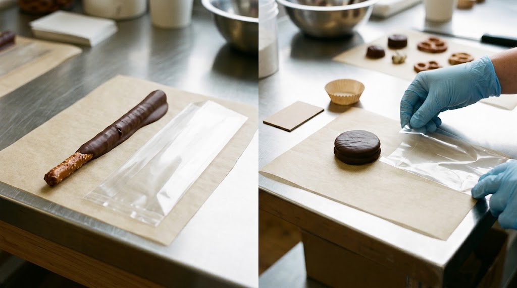 Two-panel view of a chocolate-dipped pretzel rod beside an empty clear sleeve and a coated round sandwich cookie beside gloved hands opening a clear bag.