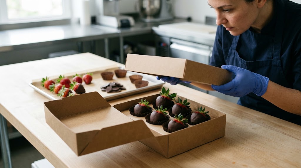 Gloved worker holds a shallow carton part above an open kraft box of chocolate-dipped strawberries in individual brown cups.