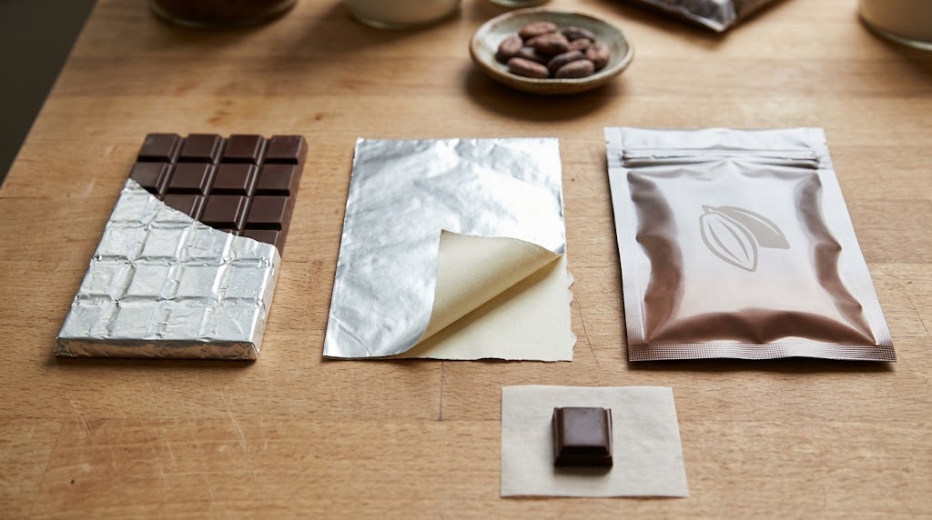 Illustrative partly foil-wrapped chocolate bar, backed silver sheet and sealed cocoa-motif pouch side by side