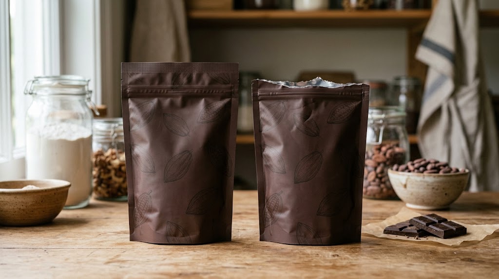 Intact cocoa-patterned chocolate pouch beside a similar pouch with a torn top and chocolate on parchment