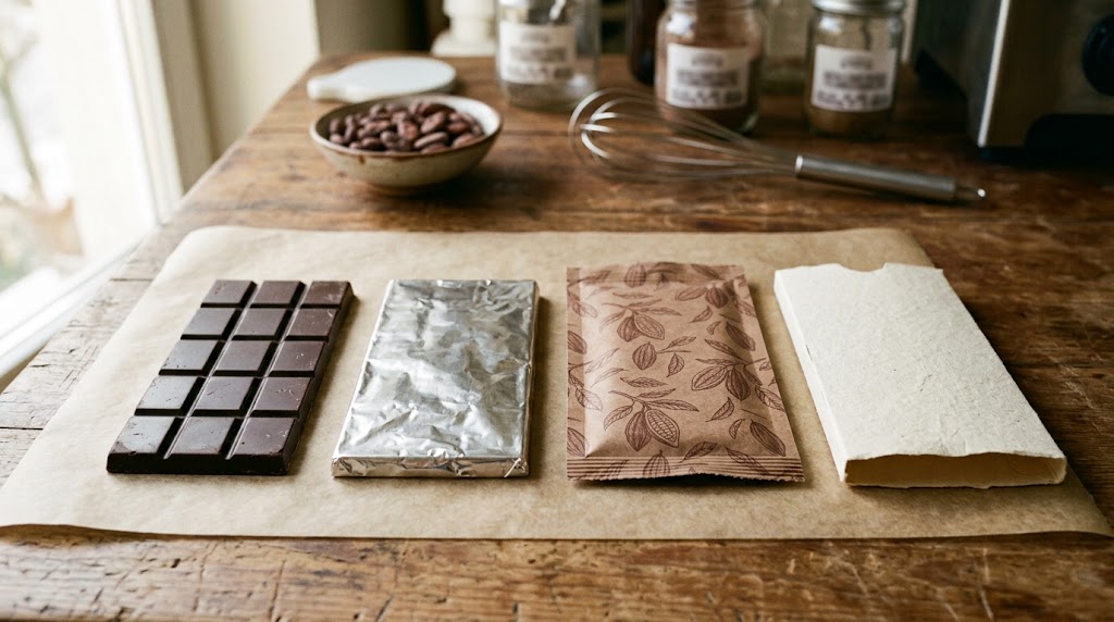Chocolate bar, silver-wrapped bar, cocoa-patterned flat pouch and cream paper sleeve laid out on parchment