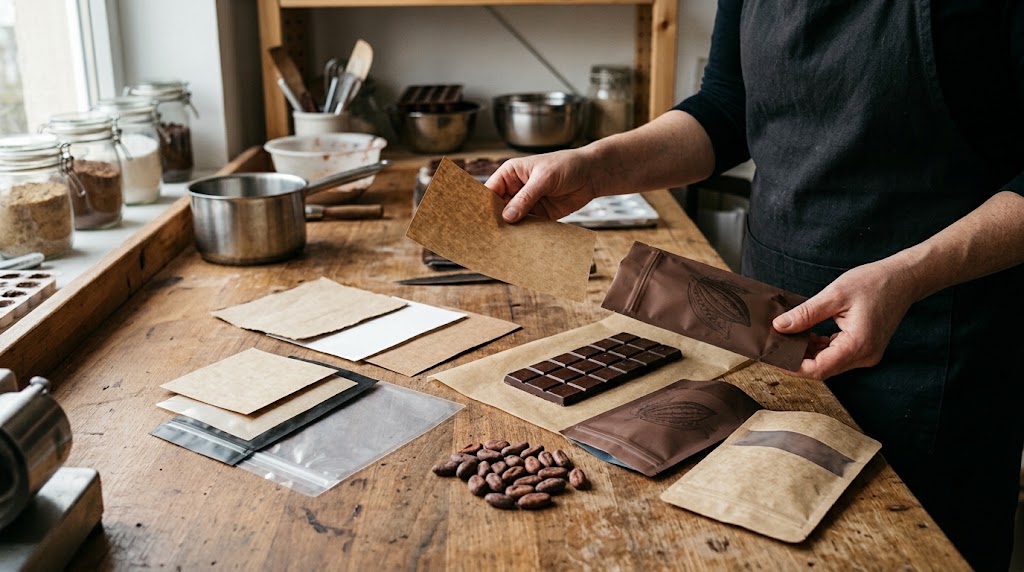 Illustrative photograph of a chocolatier comparing paper and film swatches with cocoa-themed pouches beside a chocolate bar