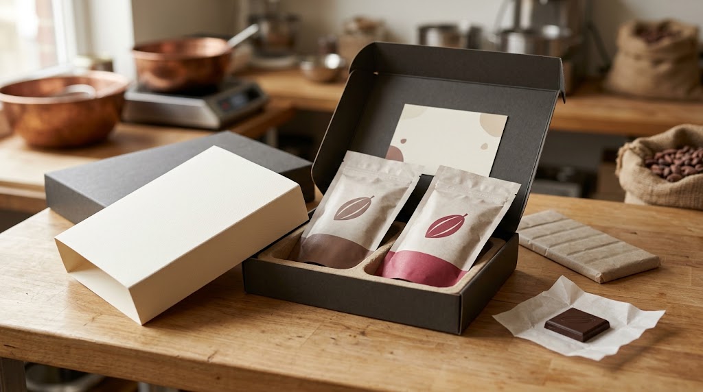 Illustrative open chocolate gift box with two cocoa-themed pouches, paper sleeve and chocolate nearby