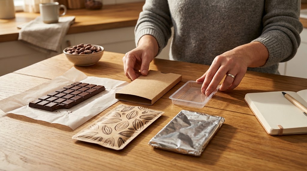 Person arranging a brown paper sleeve and clear tray beside chocolate, a cocoa-patterned pouch and a silver packet