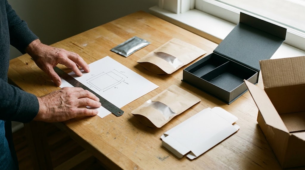 Illustrative photo of a buyer comparing empty pouch, sleeve, box and shipping-carton samples