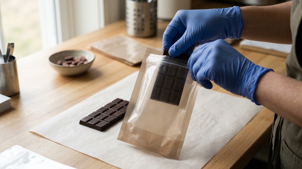 Illustrative chocolatier holding a clear zipper pouch with a chocolate bar positioned close to its upper closure area