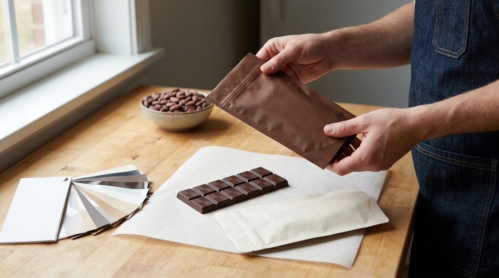 Illustrative photograph of a chocolatier holding a cocoa-themed pouch above a chocolate bar, pale pouch and material swatches