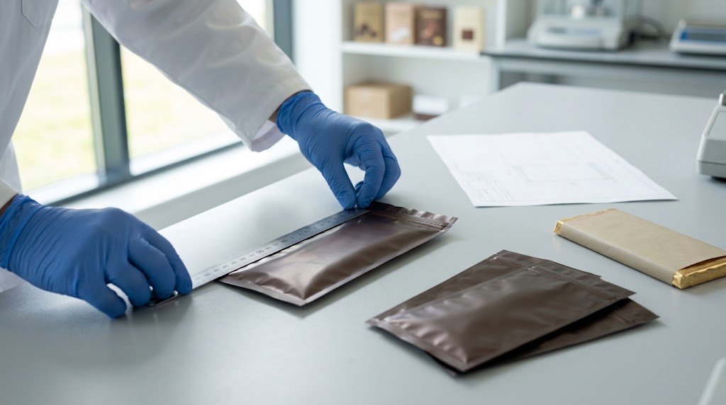 Illustrative photo of a technician measuring a sealed flat chocolate pouch sample