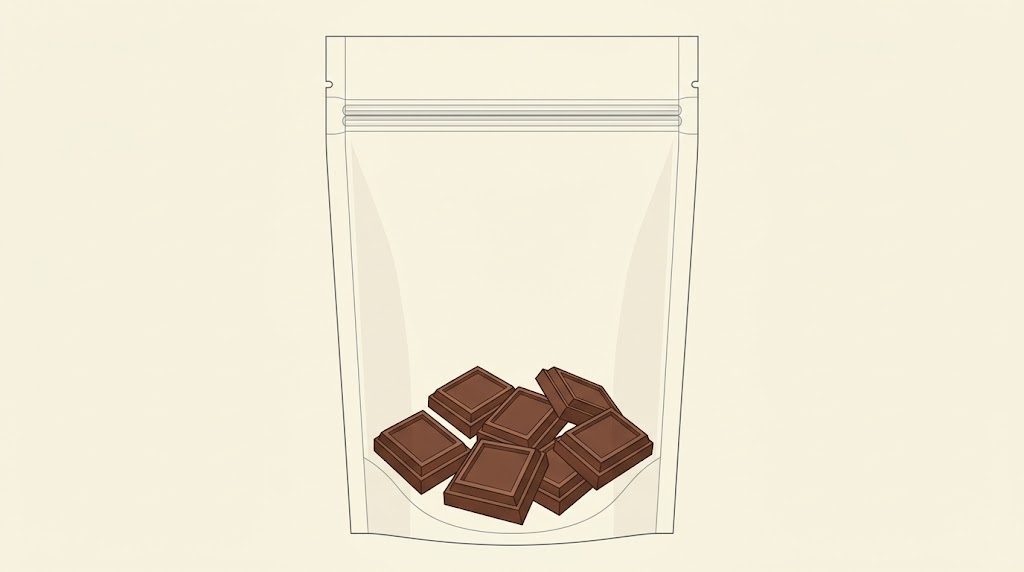 Illustrative technical diagram of dry solid chocolate pieces below a clean pouch zipper and top seal