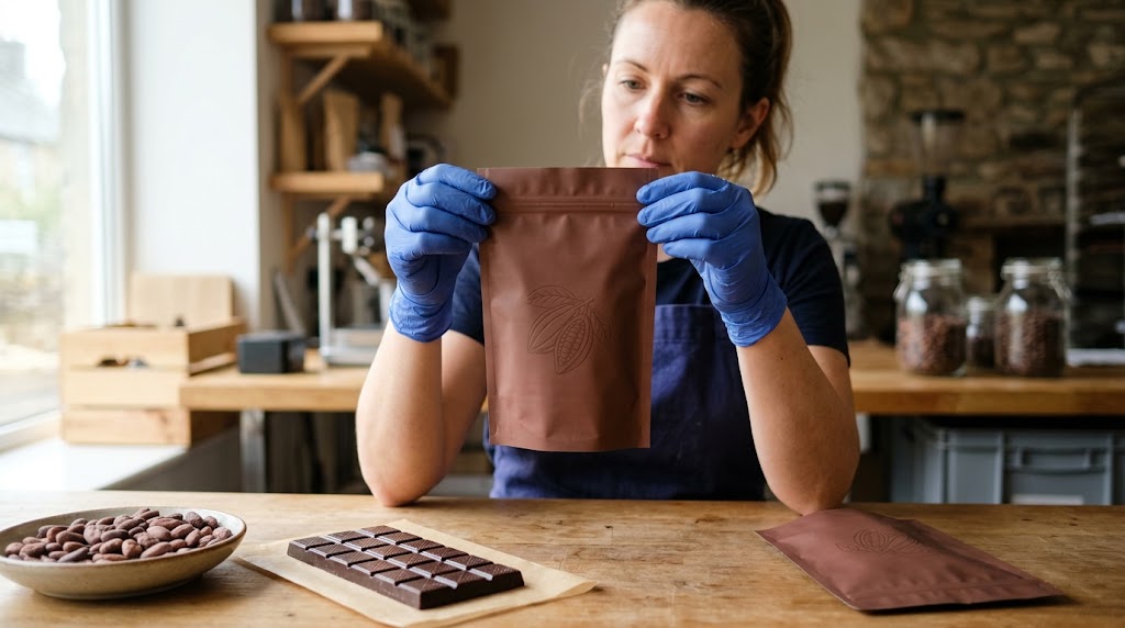 Illustrative chocolatier holding a cocoa-themed pouch up to inspect its top edge beside a chocolate bar on parchment