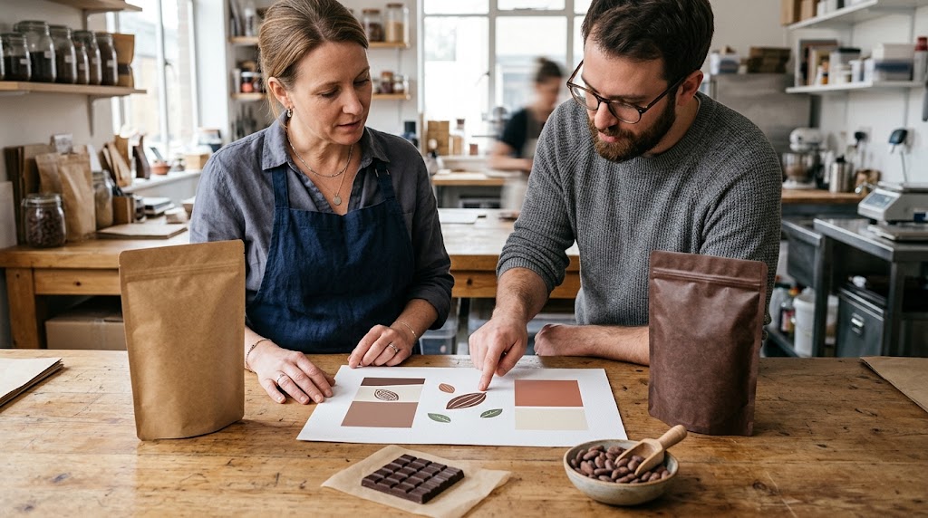 Illustrative chocolate packaging team comparing a cocoa-motif artwork sheet with two plain pouch samples beside a chocolate bar