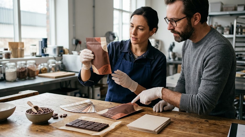 Illustrative chocolate packaging reviewers comparing cocoa-motif pouch samples and color swatches beside a chocolate bar