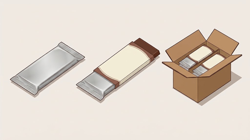 Illustrative technical diagram of a chocolate bar inner wrapper, retail sleeve, and shipping carton as separate layers
