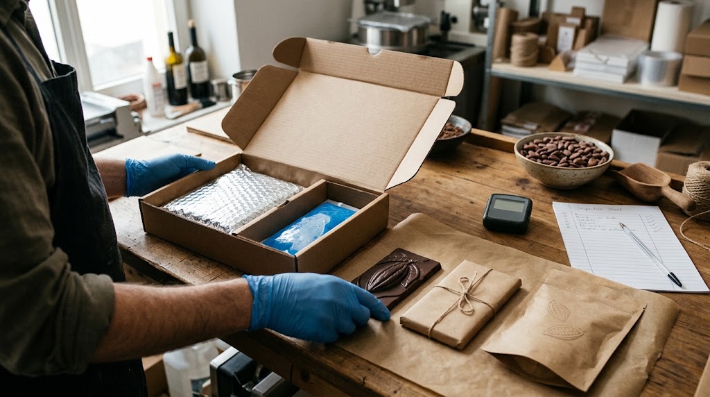 Illustrative photorealistic chocolatier reviewing a chocolate bar, insulated shipper, separated coolant and small temperature logger on a workbench