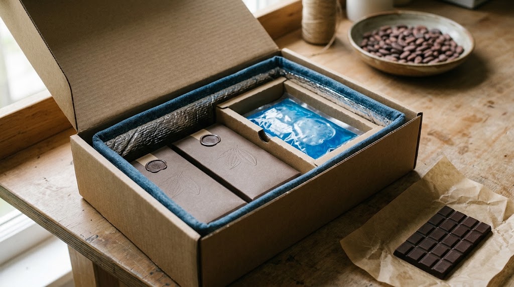 Illustrative photorealistic insulated carton with two boxed chocolate bar units and a gel pack in a separate compartment