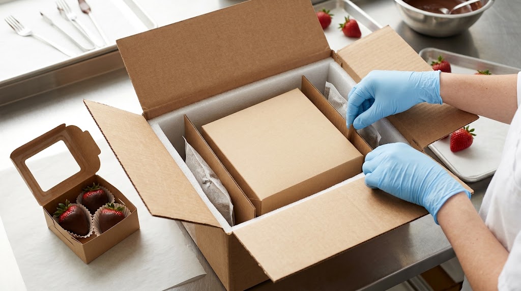 Gloved worker adjusts a side compartment of an open insulated shipping box around a closed kraft retail box; a small box of dipped strawberries sits beside it.