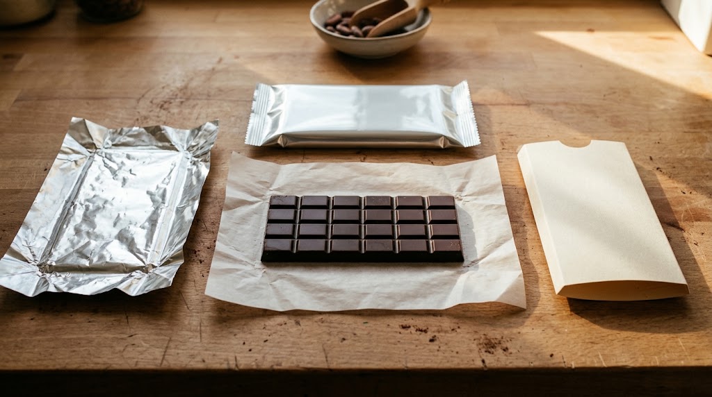 Chocolate bar on parchment beside a crinkled silver sheet, sealed silver packet and cream paper sleeve