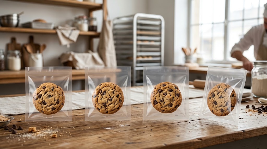 Four individually bagged chocolate-chip cookies in transparent pouches on a bakery packing table