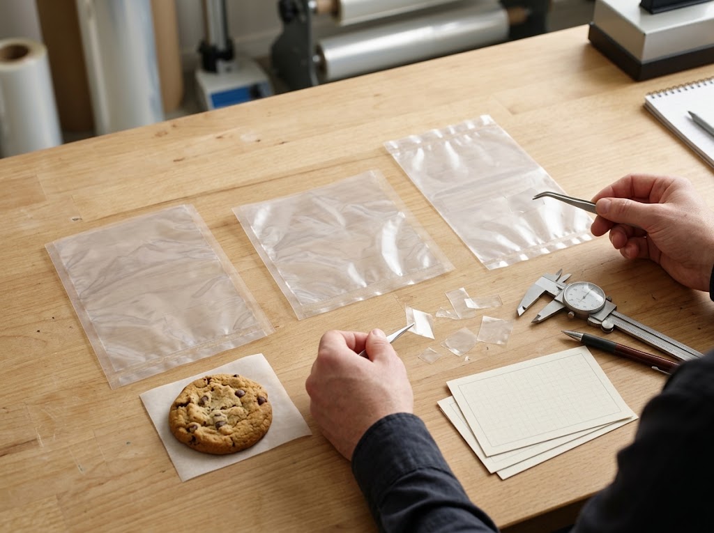Hands inspect three transparent bag samples and clear film swatches beside a cookie, caliper and blank cards