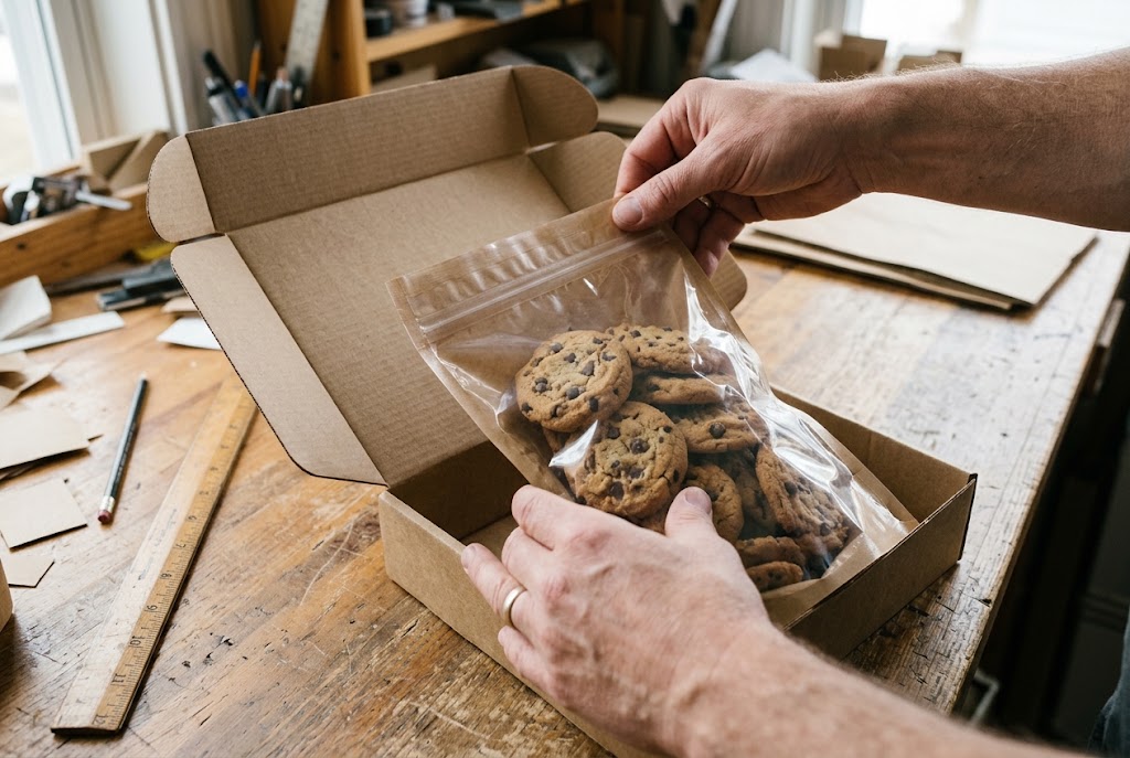 Hands placing a filled cookie pouch into an open retail box with a ruler on the worktable