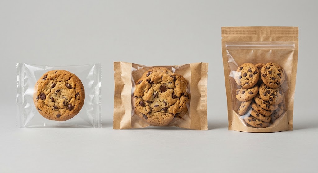 Single cookie in a flat pouch, a close-fitting flexible wrapper, and several cookies in a stand-up pouch