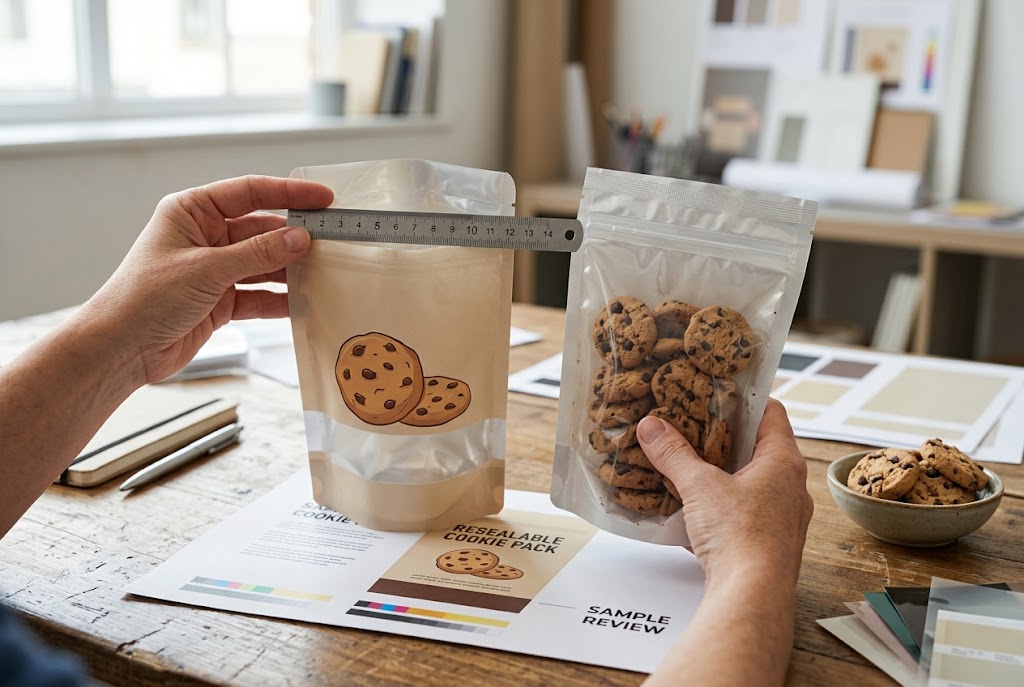 Hands comparing an empty printed cookie-bag sample with a filled clear cookie pouch using a ruler