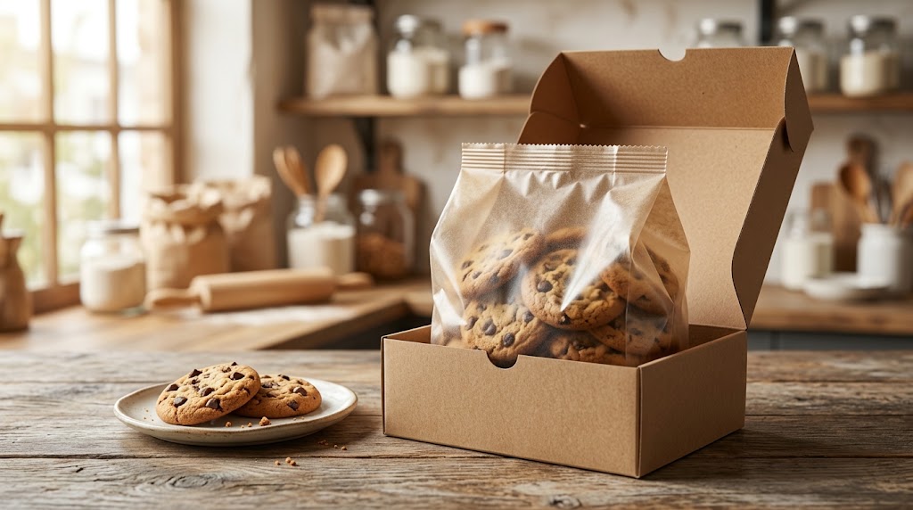 Sealed cookie bag inside an open retail carton with cookies on a separate plate
