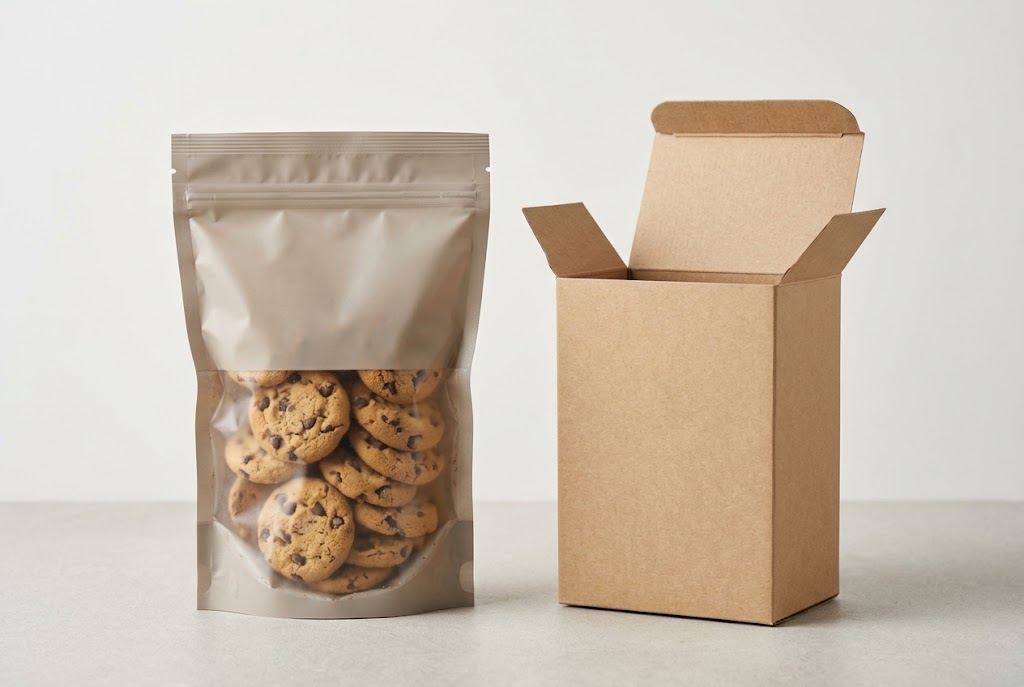 Filled flexible cookie bag standing beside an open, empty retail carton