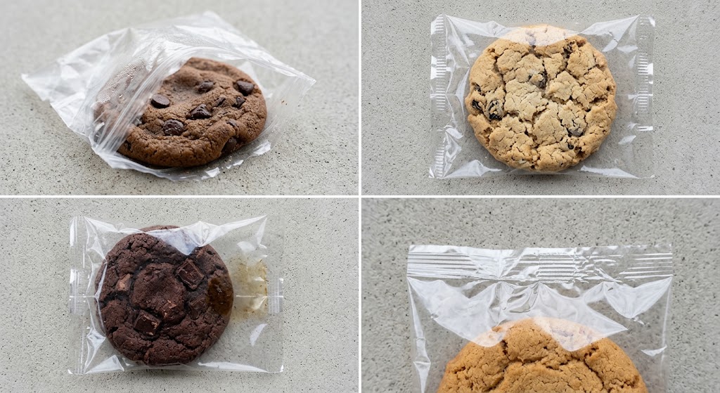 Four-panel illustration of cookies in clear bags showing a loose opening, a cracked surface, a dark cookie near a stain and a wrinkled top-seal area