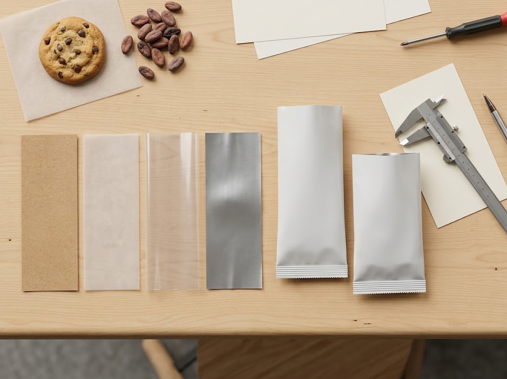 Paper-look, translucent, clear and metallic-looking swatches beside sample cookie bags, calipers and blank sheets