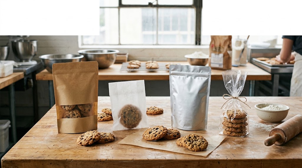 Cookies beside kraft-look, translucent, silver and clear bag samples in a bakery