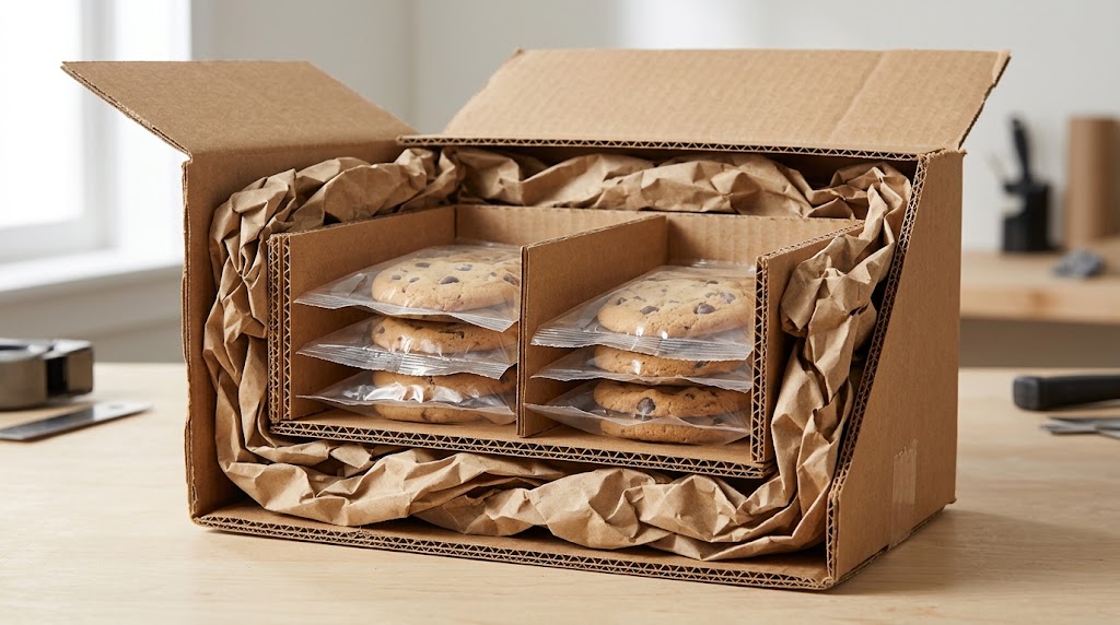 Cutaway arrangement of sealed cookie bags in corrugated compartments with paper cushioning inside an outer shipping carton