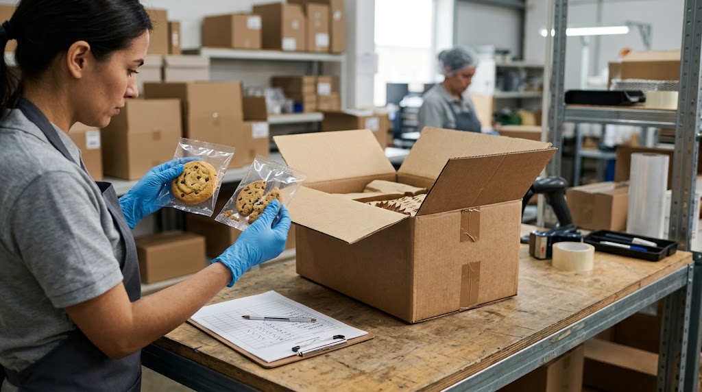Worker inspecting sealed cookie samples beside an opened shipping carton and an inspection record