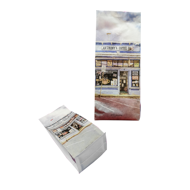Custom 100% Compostable Flat Bottom Coffee Pouch (White Kraft/PLA) with PLA Valve for 2 lb Beans Gallery 2