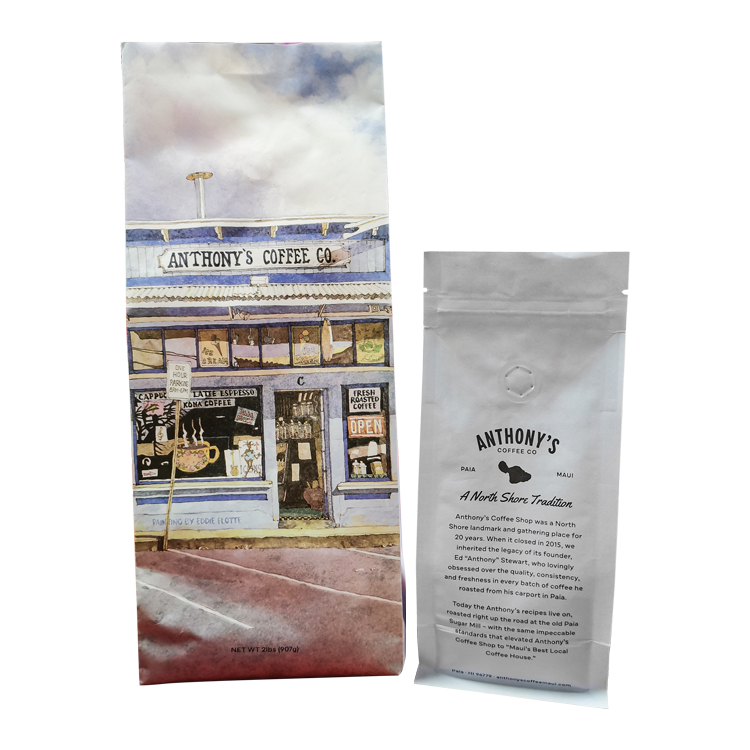 Custom 100% Compostable Flat Bottom Coffee Pouch (White Kraft/PLA) with PLA Valve for 2 lb Beans