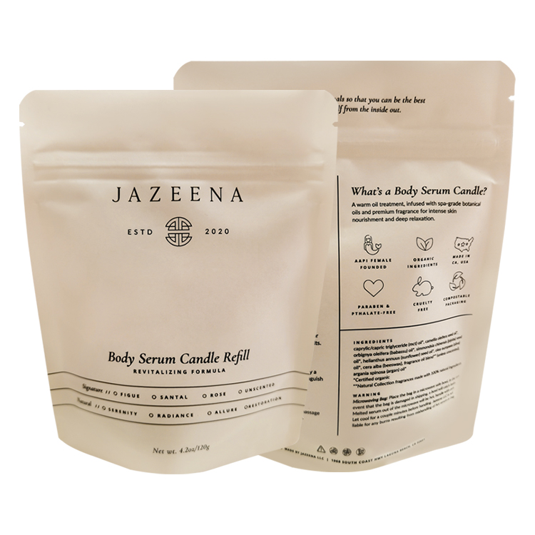 Custom 100% Compostable Microwave-Safe Stand-Up Pouch for 120g Body Serum Candle Refills