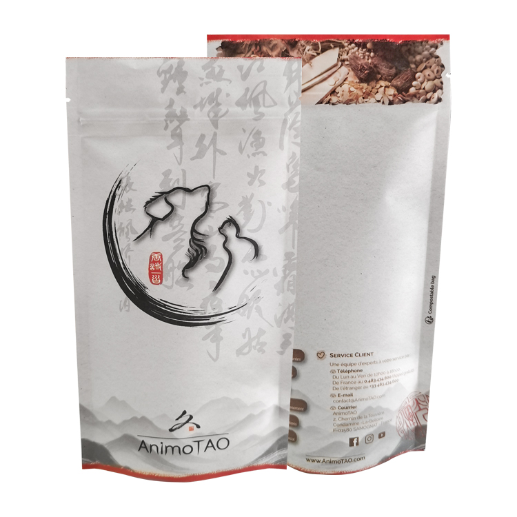 Custom 100% Compostable White Kraft Stand-Up Pouch (120 Micron) with PLA Zipper for Pet Herbal Supplements & Botanicals