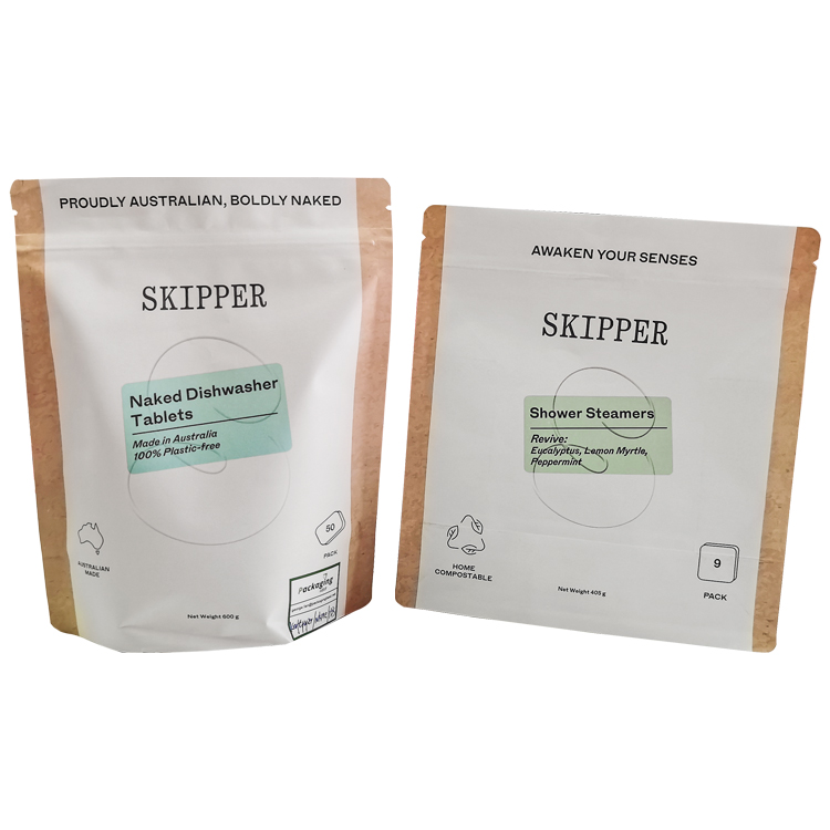 Custom 100% Plastic-Free Compostable Stand-Up Pouch (Kraft/NKME/PBS) with PBAT Zipper for 50ct Dishwasher Tablets Gallery 3