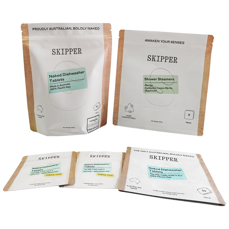 Custom 100% Plastic-Free Compostable Stand-Up Pouch (Kraft/NKME/PBS) with PBAT Zipper for 50ct Dishwasher Tablets Gallery 4