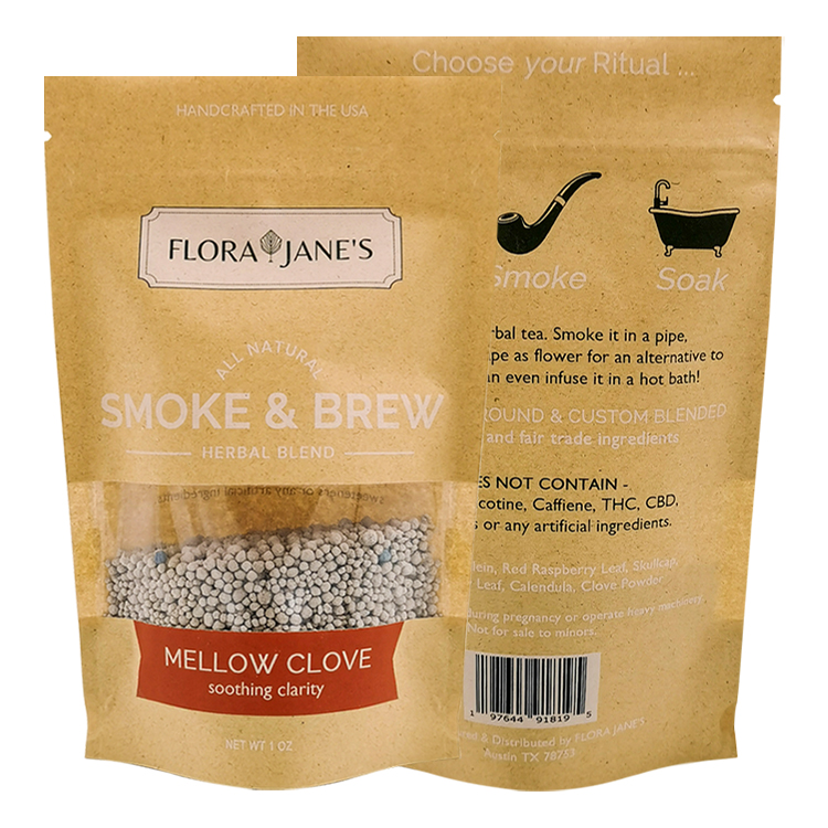 Custom Digital Printed Brown Kraft Stand-Up Pouch (140 Micron) with Clear Window for 1oz Resealable Herbal Blends & Loose Tea