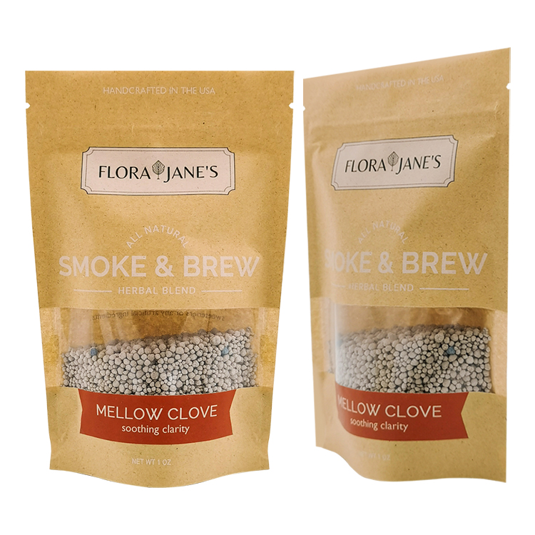 Custom Digital Printed Brown Kraft Stand-Up Pouch (140 Micron) with Clear Window for 1oz Resealable Herbal Blends & Loose Tea Gallery 5