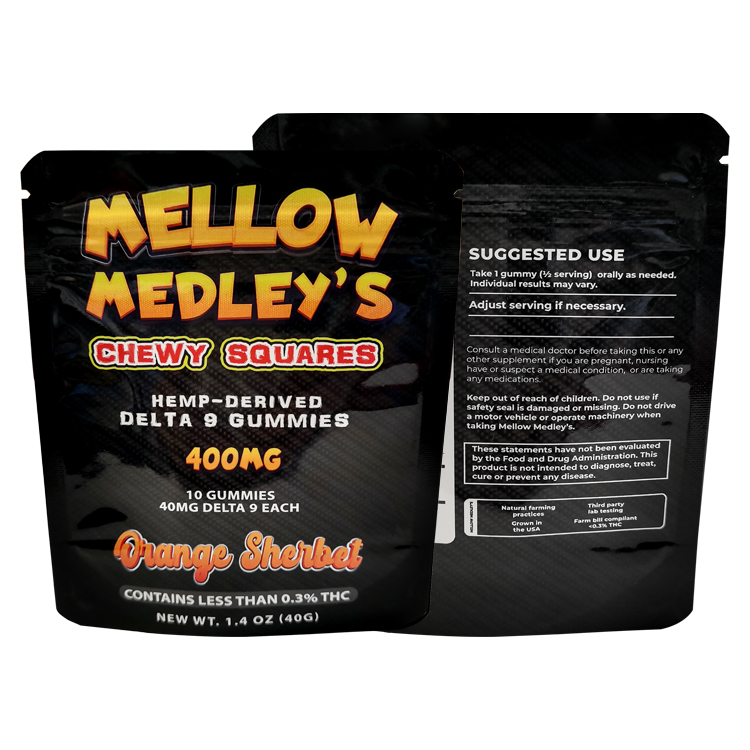 Custom Digital Printed Glossy Stand-Up Pouch (PET/VMPET/PE) with Zipper for 10ct Hemp Delta-9 Gummies & Edibles