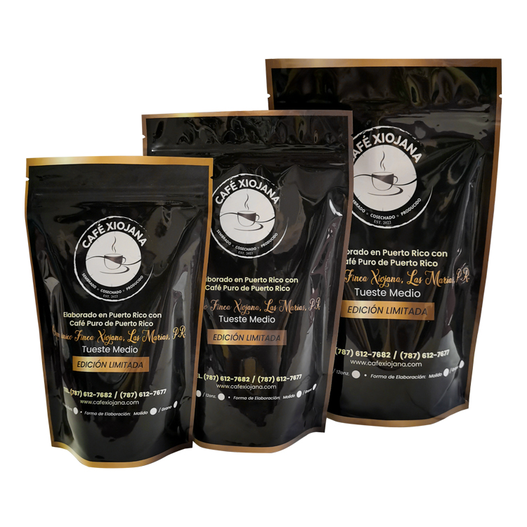Custom Digital Printed Matte Black & Gold Stand-Up Coffee Pouch (PET/VMPET/PE) with Degassing Valve Gallery 4