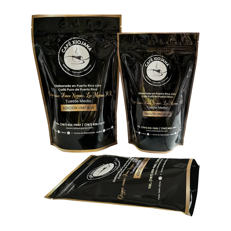 Custom Digital Printed Matte Black & Gold Stand-Up Coffee Pouch (PET/VMPET/PE) with Degassing Valve Gallery 2