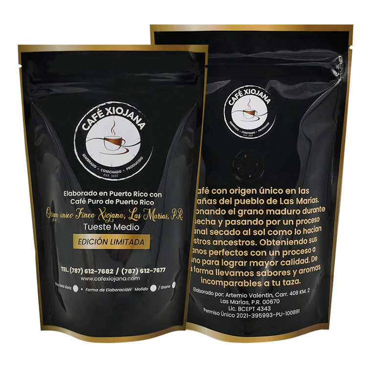 Custom Digital Printed Matte Black & Gold Stand-Up Coffee Pouch (PET/VMPET/PE) with Degassing Valve