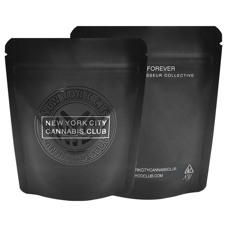 Custom Digital Printed Matte Black Stand-Up Pouch (150 Micron) with Spot UV and Silver Foiling for 3.5g Cannabis Flower & Edibles