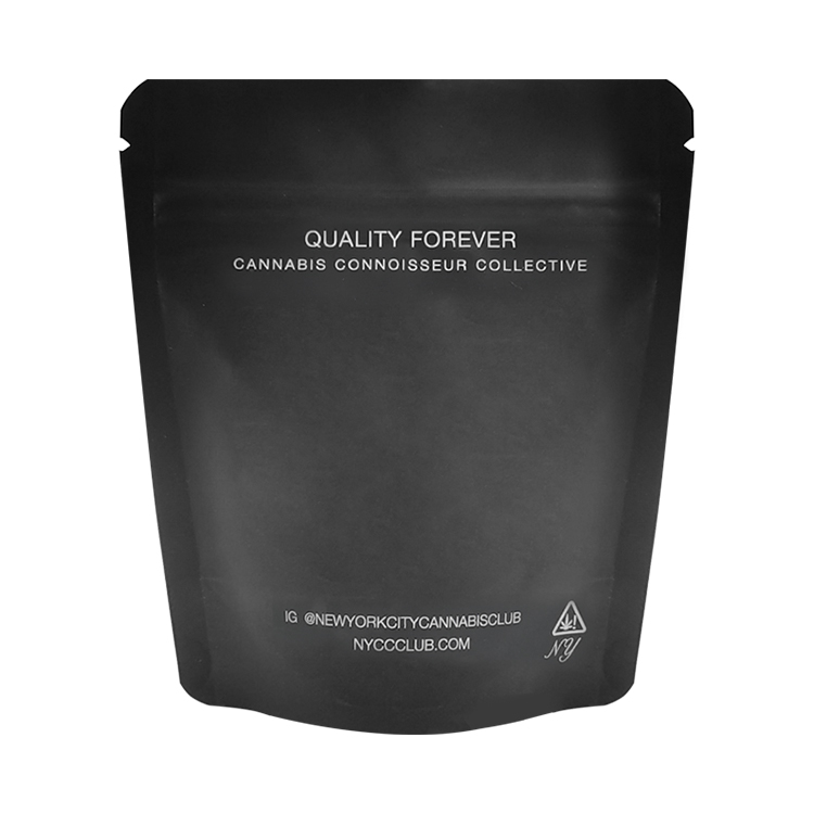 Custom Digital Printed Matte Black Stand-Up Pouch (150 Micron) with Spot UV and Silver Foiling for 3.5g Cannabis Flower & Edibles Gallery 4