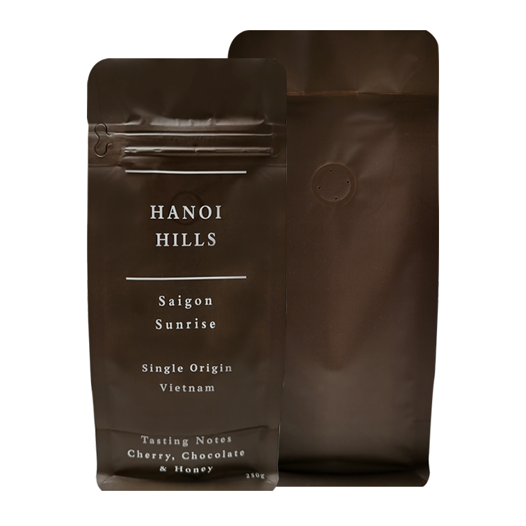 Custom Digital Printed Matte Flat Bottom Coffee Pouch with Valve & Side Zipper for 250g Specialty Beans Gallery 2