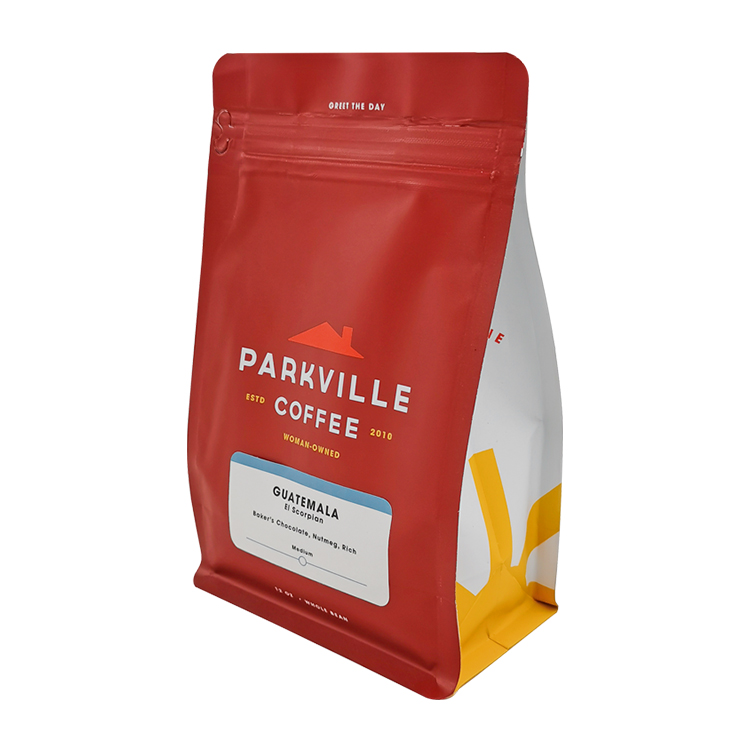 Custom Matte Red Flat Bottom Coffee Pouch (8-Side Seal) with Side Zipper and Valve for 12oz Specialty Beans Gallery 4