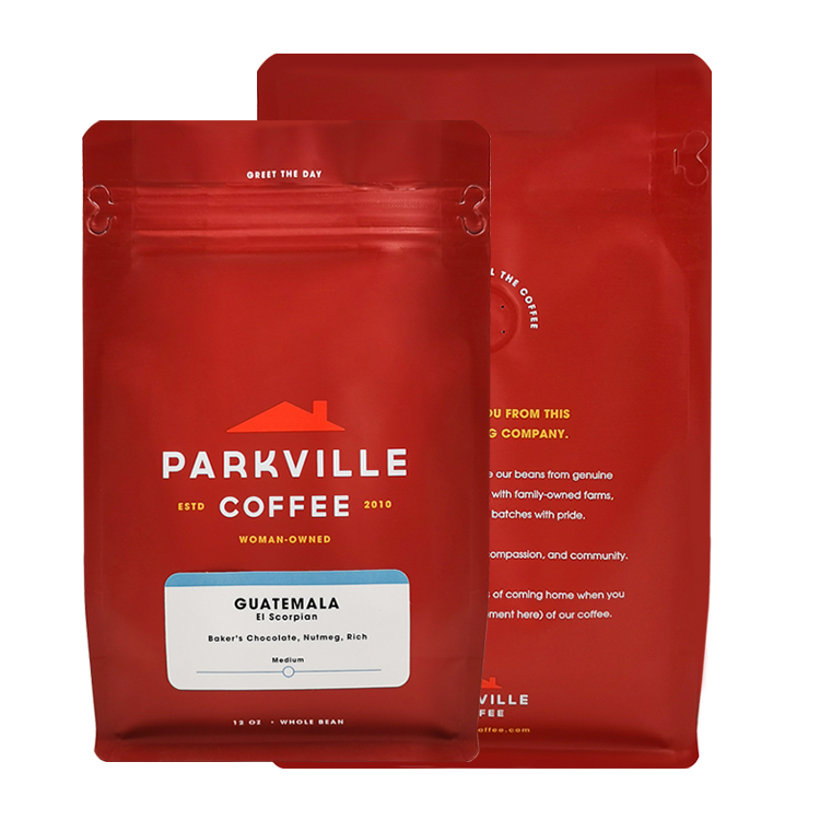 Custom Matte Red Flat Bottom Coffee Pouch (8-Side Seal) with Side Zipper and Valve for 12oz Specialty Beans